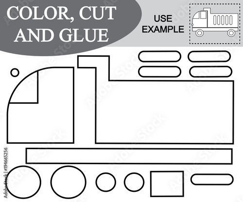 Activity for children. Color, cut and glue image of dump truck. Kids game.