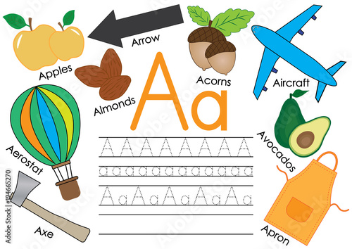 Letter A. Learning English alphabet with pictures and writing practice for children. Vector illustration.