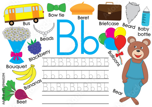 Letter B. English alphabet. Writing practice for children. Kids game. Vector illustration.