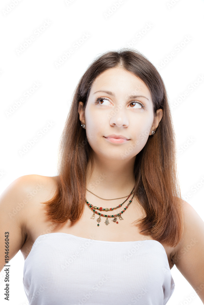 surprised brunette girl wearing a necklace with generic symbols surprised brunette girl wearing a necklace with generic symbols