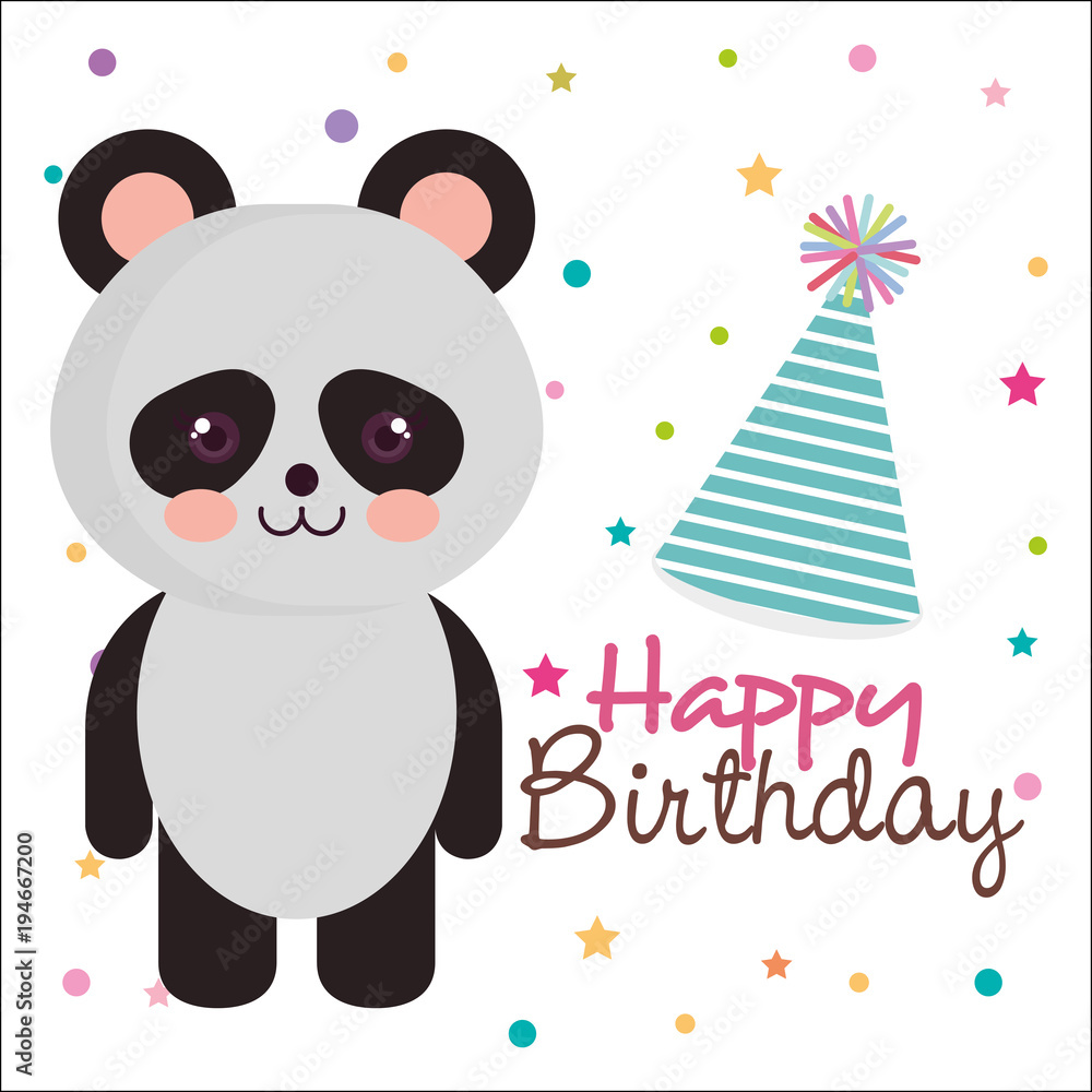 Naklejka premium happy birthday card with bear panda vector illustration design