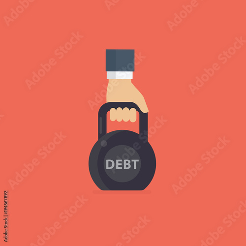 Debt. Debentures. People hand holding black kettlebell with word debt photo