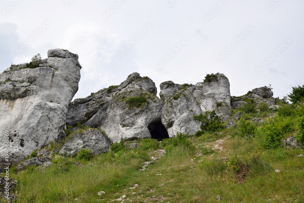 Cave entrance and rock formation in Krakow Czestochowa Upload. Polish Jurassic Highland. - obrazy, fototapety, plakaty 