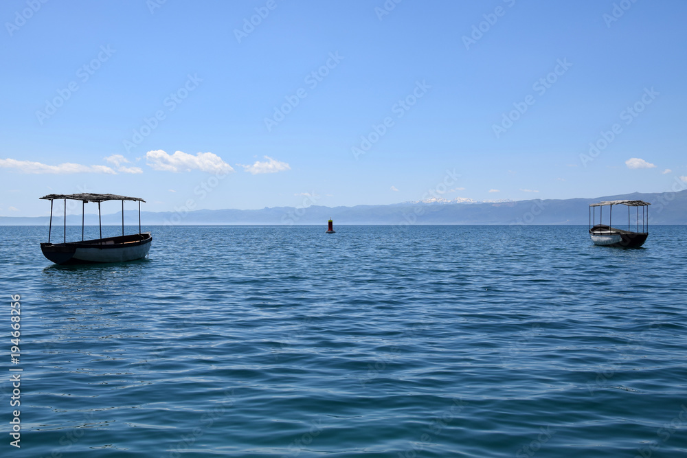 Boats moored in ohrid lake, Macedonia.