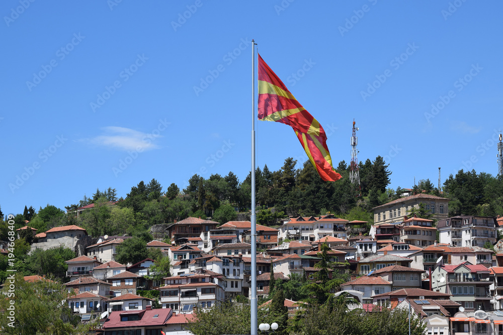 Macedonian flag with Ohrid town background. Ohrid, Macedonia