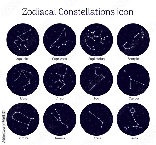 Set zodiacal constellations, round, night sky background, icon realistic. Collection of horoscope symbols. Vector illustration of ancient magic images