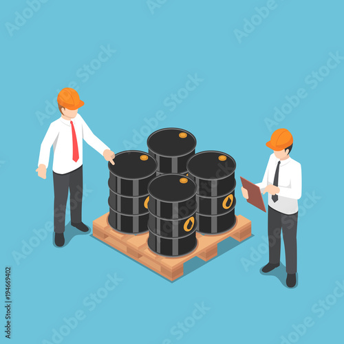 Isometric businessman checking oil barrel.