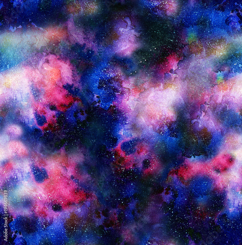 Seamless pattern with space background. watercolor backdrop with stars and nebula