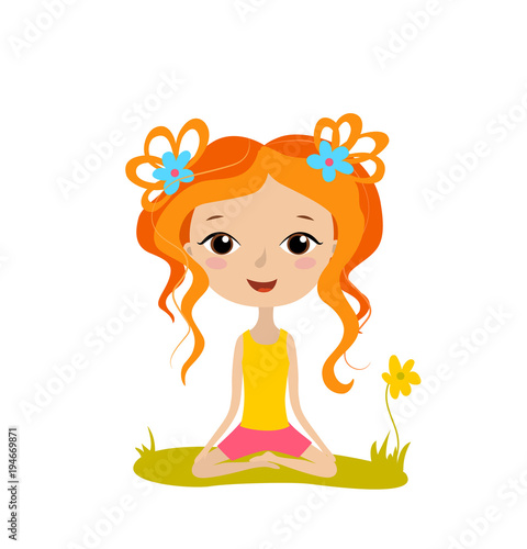 Pretty young girl practices yoga in the lotus position. Meditation and relaxation poster. Vector illustration