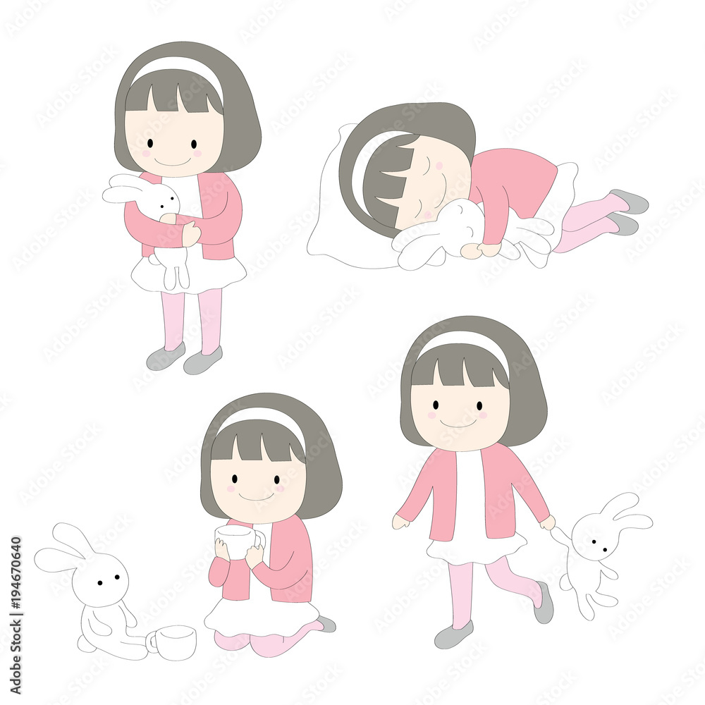 Cartoon cute little girl and little white rabbit vector. Cartoon cute little girl and little white rabbit vector.