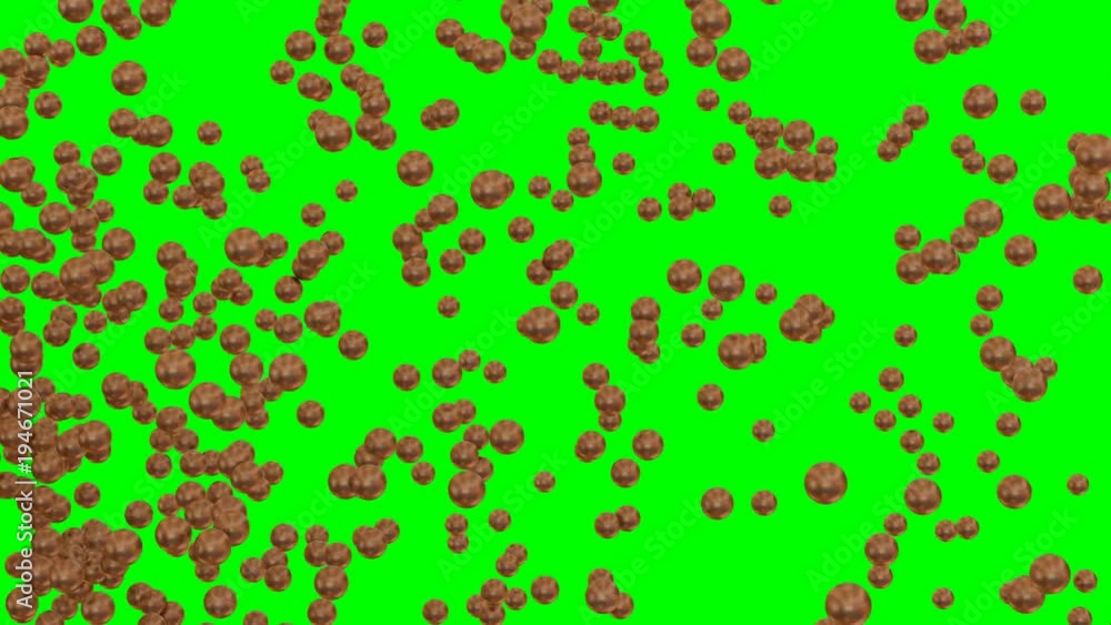 Animated a lot of shinning bronze ping pong balls exploding and flying from left to right against green background. Animated a lot of shinning bronze ping pong balls exploding and flying from left to right against green background.