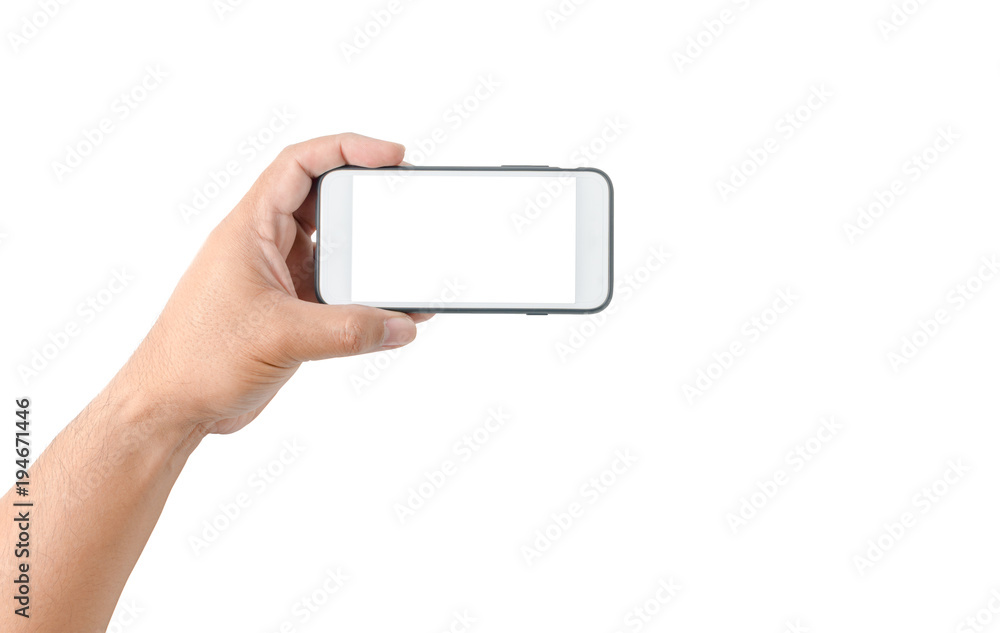 hand man hold mobile phone with white screen hand man hold mobile phone with white screen