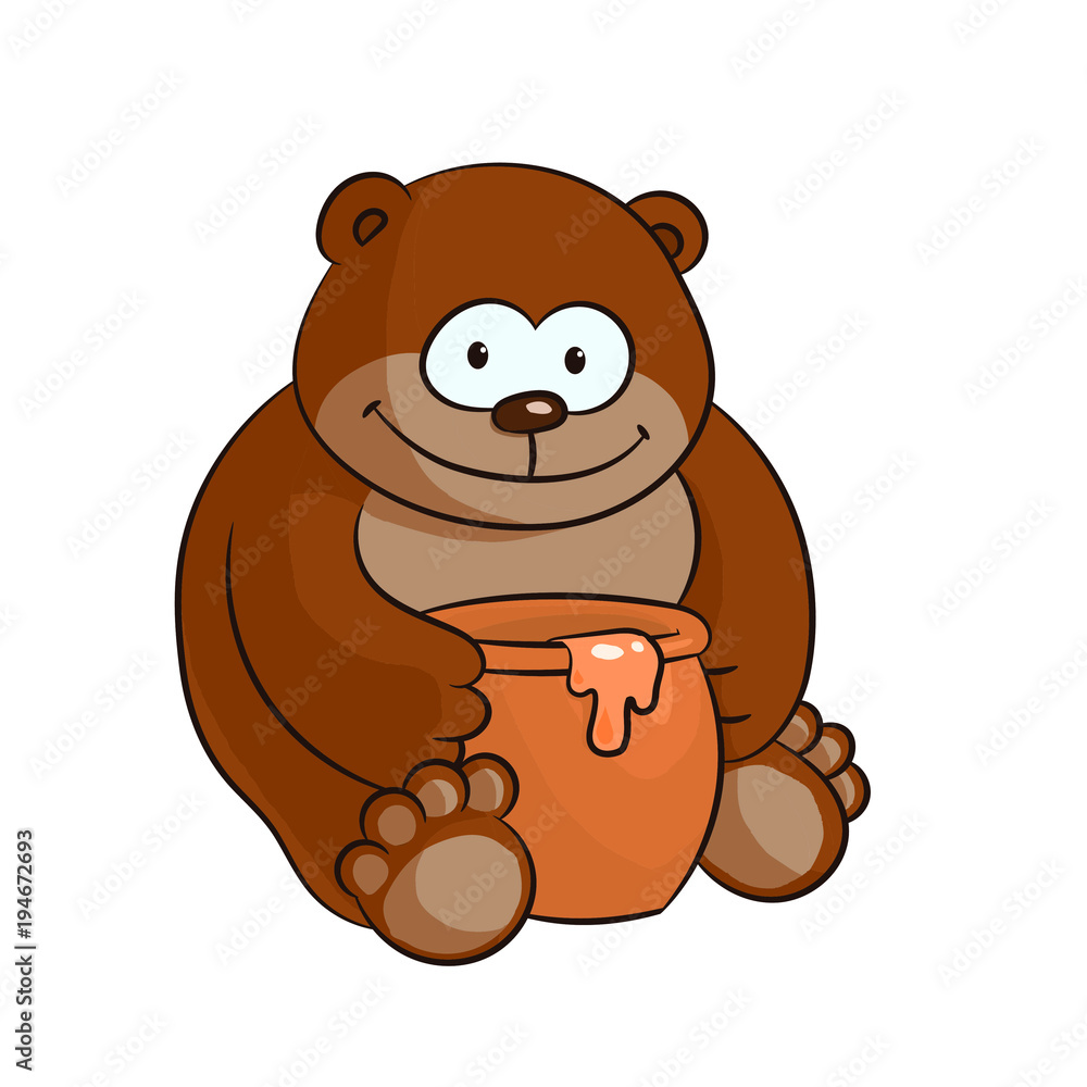 Fototapeta premium Fat bear sitting on the floor with a pot of honey. On the face of a satisfied smile.