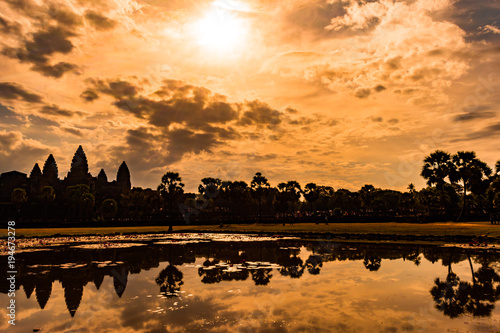 Sunrise in Angkor Wat, religious monument, the largest temple complex in the world, UNESCO World Heritage Site located in Cambodia photo