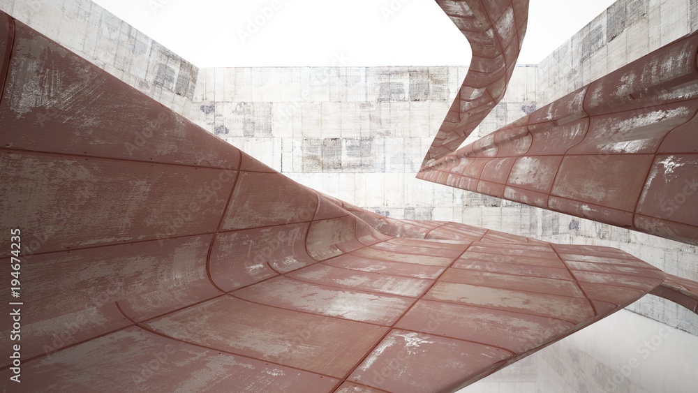 Empty smooth abstract room interior of sheets rusted metal with gray concrete. Architectural background. 3D illustration and rendering Empty smooth abstract room interior of sheets rusted metal with gray concrete. Architectural background. 3D illustration and rendering