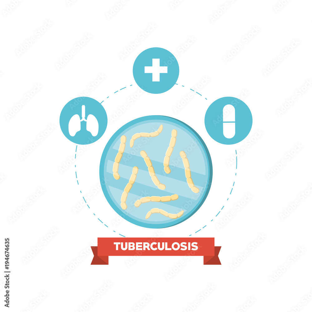 Tuberculosis bacteria and medication signs around over white background, colorful design vector illustration