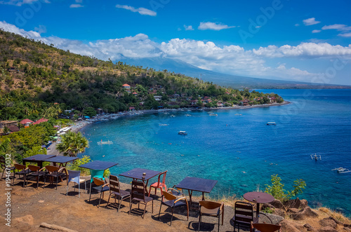 A view point overlooking Jemeluk beach in east side of Bali, Indonesia