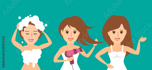 cute woman washing and drying her hair