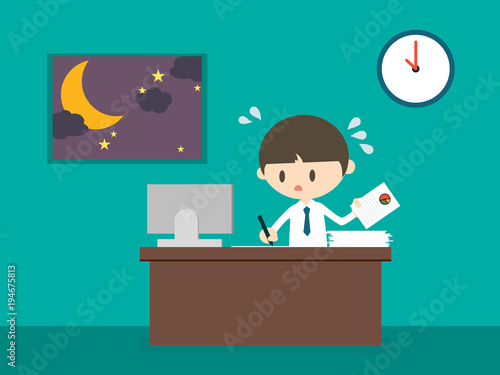 a man working at office until late night; the moon and stars rise up outside. salaryman concept. vector illustration.