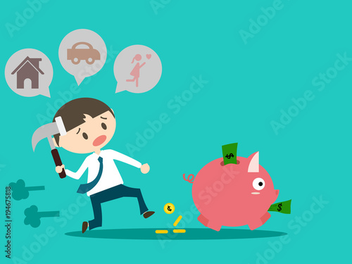 piggy bank with money fleeing from man who try to break it by hammer. he must pay many things such as house, car and girlfriend wishing. funny concept. salaryman and life design. vector illustration.