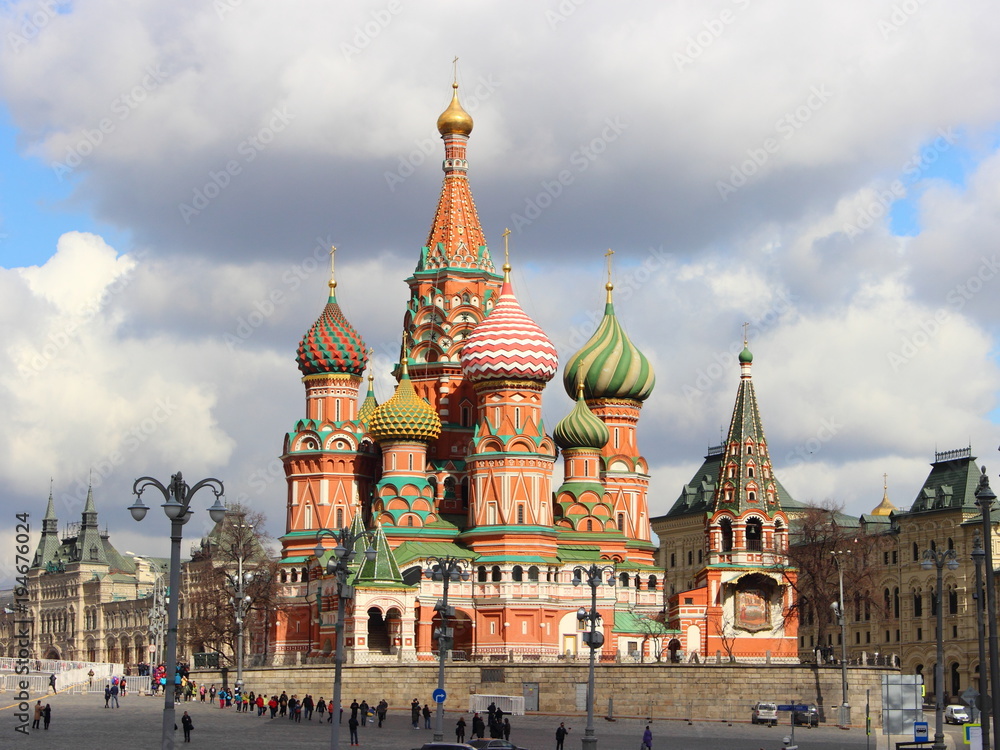 Russia, Moscow, Saint Basil's Cathedral at Vasilyevsky Spusk of the red square in the spring on a background cloudy sky