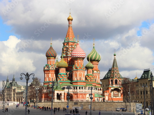 Russia, Moscow, Saint Basil's Cathedral at Vasilyevsky Spusk of the red square in the spring on a background cloudy sky