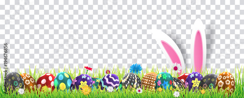 Happy easter image vector. Modern happy Easter background with colorful eggs and spring flower. Template Easter greeting card, vector.