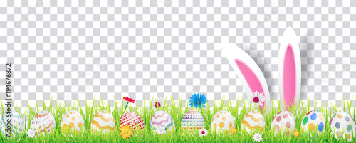 Happy easter image vector. Modern happy Easter background with colorful eggs and spring flower. Template Easter greeting card, vector.
