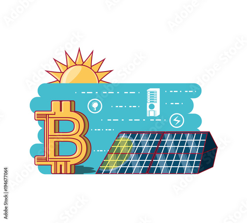 Bitcoin Energy Consumption design with solar panel and sun icon over blue and white background, colorful design vector illustration