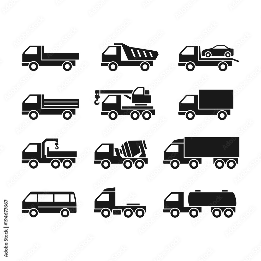 Set of Black Icons of Trucks on a White Background. Trucks of Different Function. Set of Black Icons of Trucks on a White Background. Trucks of Different Function.