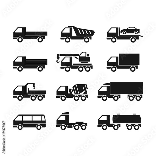 Set of Black Icons of Trucks on a White Background. Trucks of Different Function. 