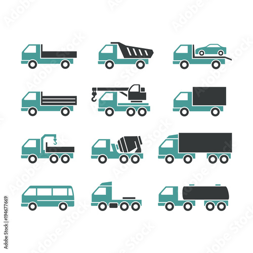 Set of Two Color Icons of Trucks on a White Background. Trucks of Different Function. 