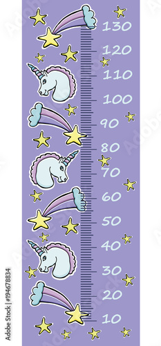Vector height gauge for children. Cartoon unicorns, rainbow, comets, stars. Trendy ultraviolet color.