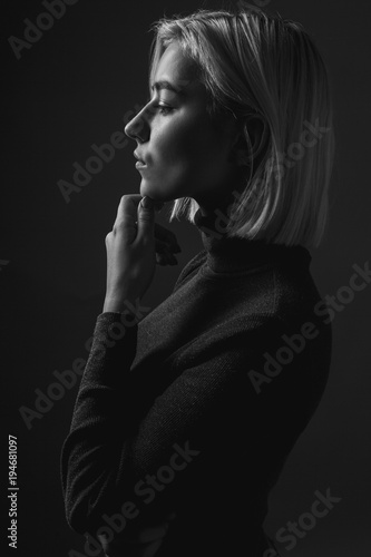 profile of a thoughtful young woman. black and white