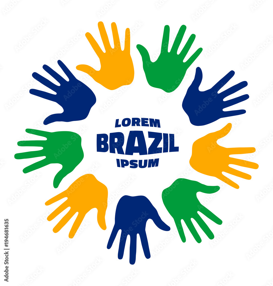 Colorful nine hand print logo using Brazil flag colors. Vector illustration