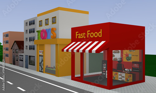 Row of houses with fast food shop and toy shop. 3d rendering