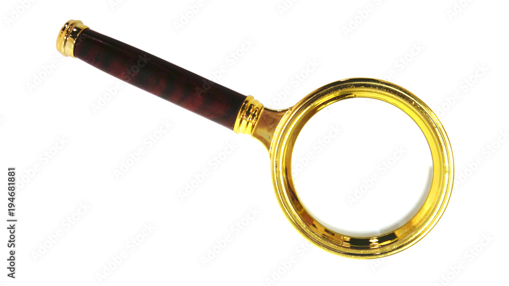 Magnifying glass isolated on white background. Gold magnifier with wooden handle, top view Magnifying glass isolated on white background. Gold magnifier with wooden handle, top view