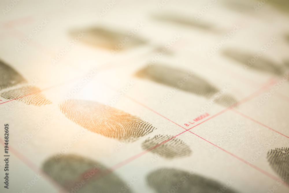physiological biometrics concept for criminal record by fingerprint in cinematic tone - obrazy, fototapety, plakaty 