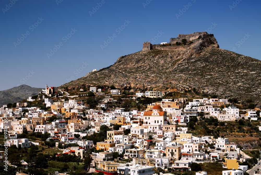 The town of Agia Marina with the ancient Venetian castle in the background. Leros island Dodocanese islands, Greece.