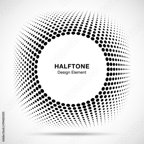 Convex distorted black abstract vector circle frame halftone dots logo emblem design element for new technology pattern background. Round border Icon using halftone circle dots raster texture. Vector 