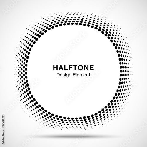 Convex distorted black abstract vector circle frame halftone dots logo emblem design element for new technology pattern background. Round border Icon using halftone circle dots raster texture. Vector 