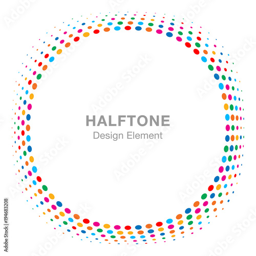 Convex distorted black abstract vector circle frame halftone dots logo emblem design element for new technology pattern background. Round border Icon using halftone circle dots raster texture. Vector 