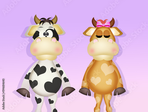 funny illustration of cow with spots in the shape of a heart