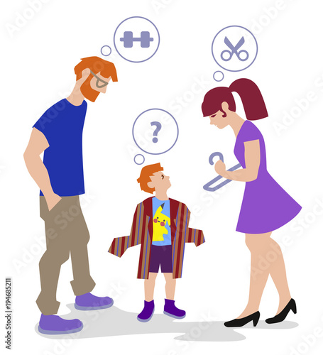 Vector illustration of Family in clothing store bei try-on. Characters set.