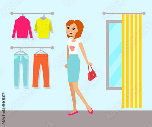 Clothing Store and Woman, Vector Illustration