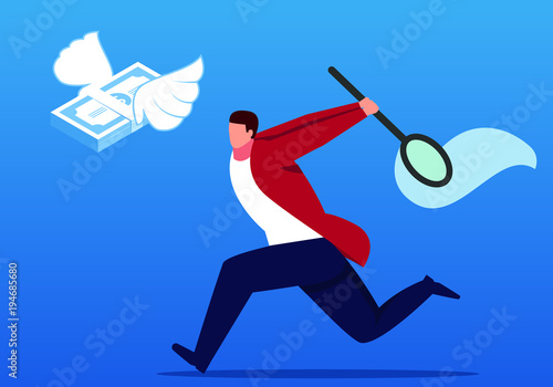 Businessman holding net catch flying away money
