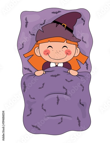 Cute cartoon witch sleeping in a bed isolated on white background