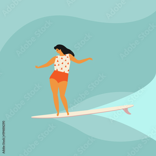 Surf poster with surfer girl on surfboard
