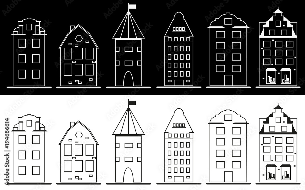 Stockholm. Gamla Stan. Old town view. Vector line style illustration. Icons.
