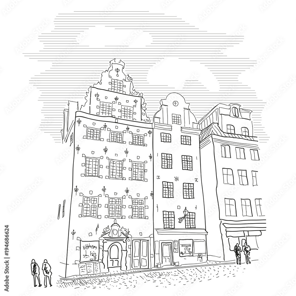 Stockholm. Gamla Stan. Old town view. Vector line style illustration. Suitable for packaging.
